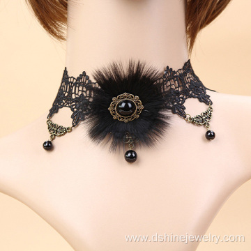 Fur Ball Charm With Bead Pendant Women Choker Necklace